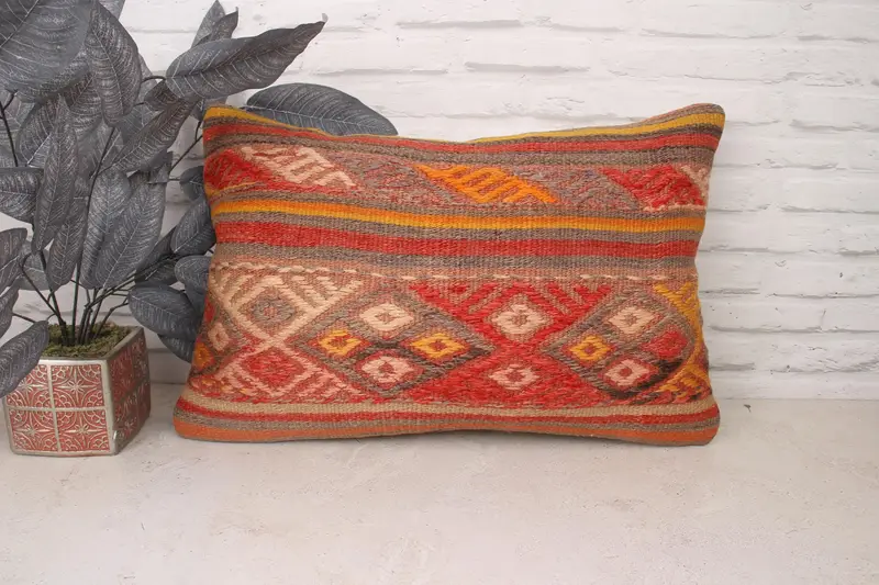 Ethnical Kilim Rug Pillow, 16x24 Red Cushion Case, Turkish Corner Cushion Case, Pillow for Couch, Cushion Case, Turkish Pillow - 1