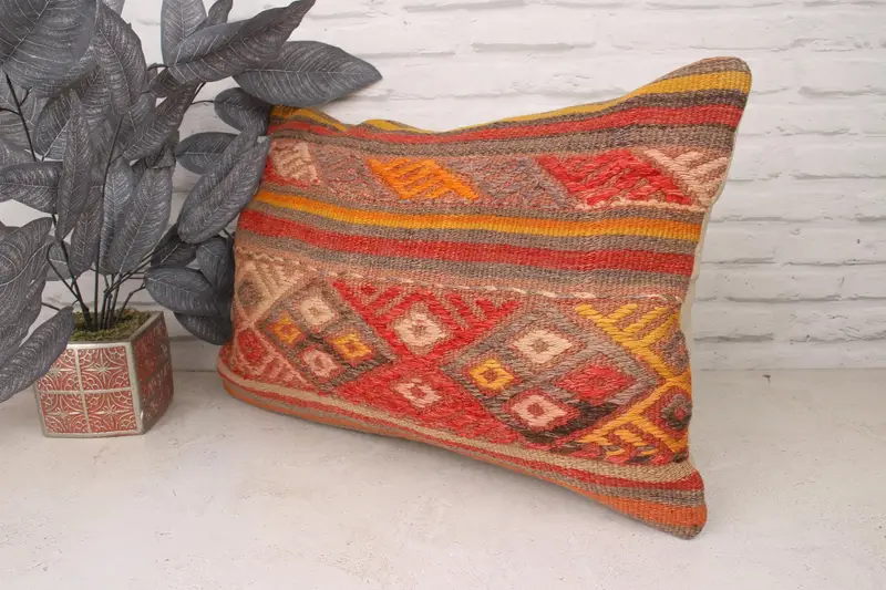 Ethnical Kilim Rug Pillow, 16x24 Red Cushion Case, Turkish Corner Cushion Case, Pillow for Couch, Cushion Case, Turkish Pillow - 4
