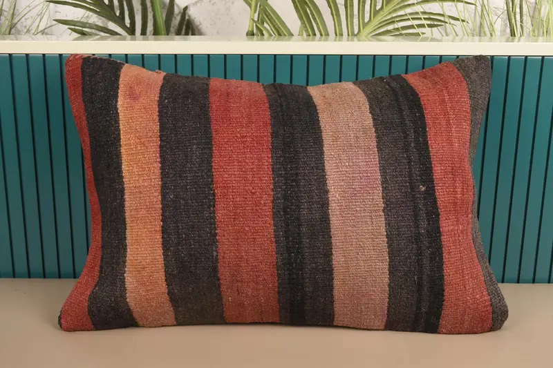 Turkish Striped Cushion Case, Moroccan 16x24 inch Red Valentine Gift Wool Pillow Case - 1