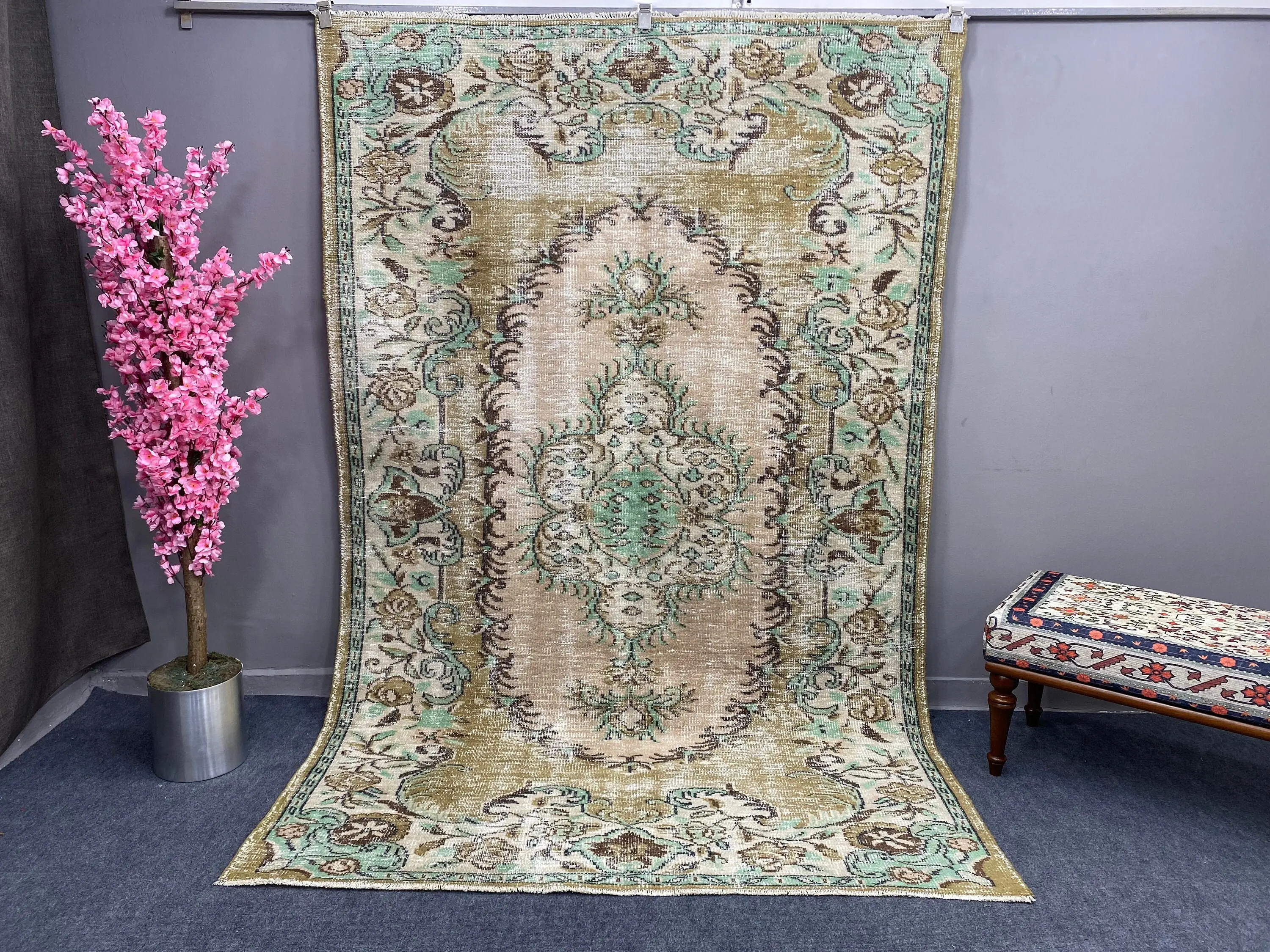 5.7x8.9 ft Halı, Vintage Türk Halısı, Yeşil Oryantal Halı - 1