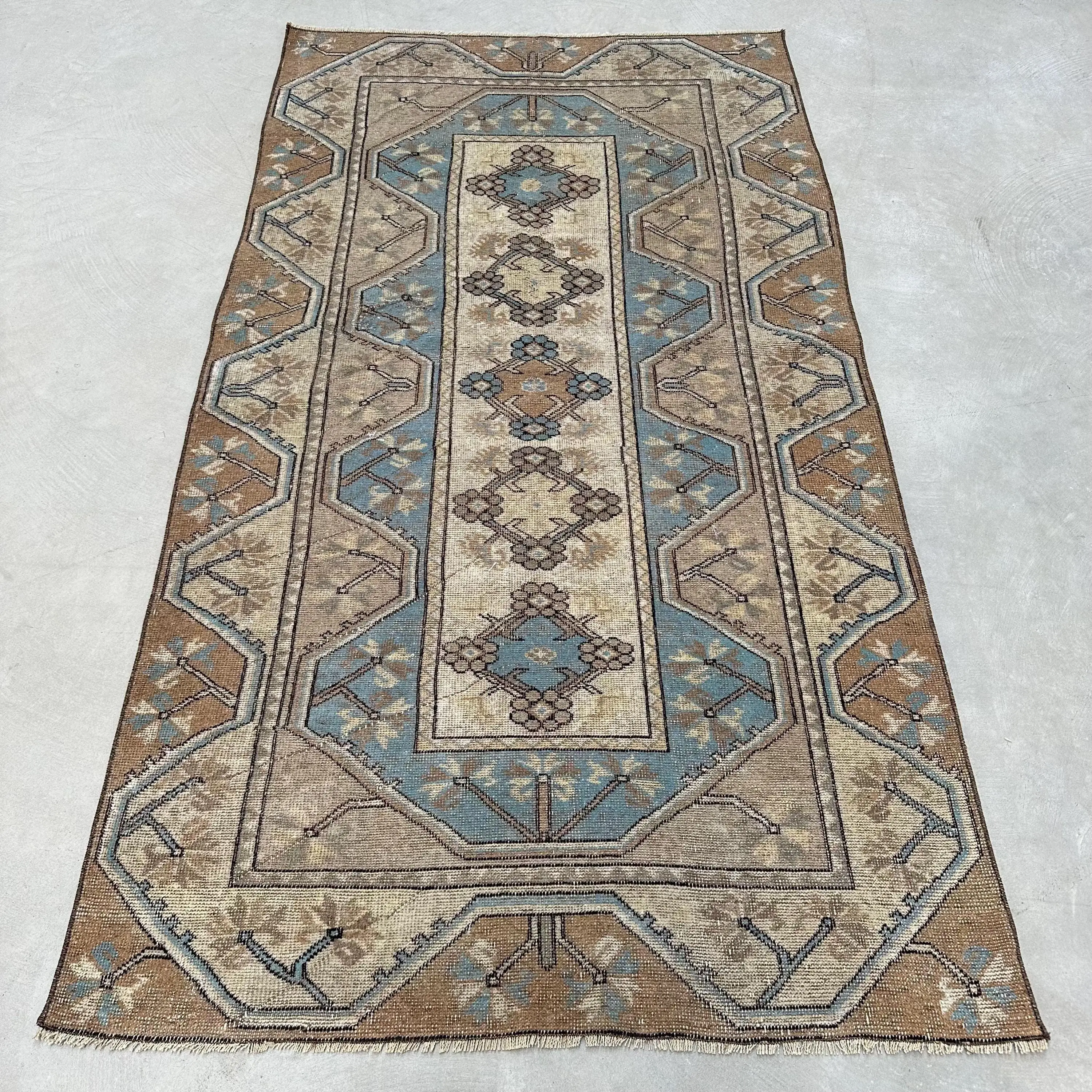 Turkish Vintage Rug, 3.7x6.46 ft Rug, Brown Blue Animal Print Wool Rug - 1