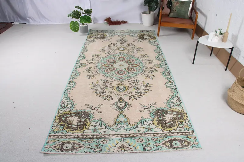 Vintage Büyük Halı 4.2x9.6 ft, Türk Oushak Mavisi İkat Yün Halı - 1