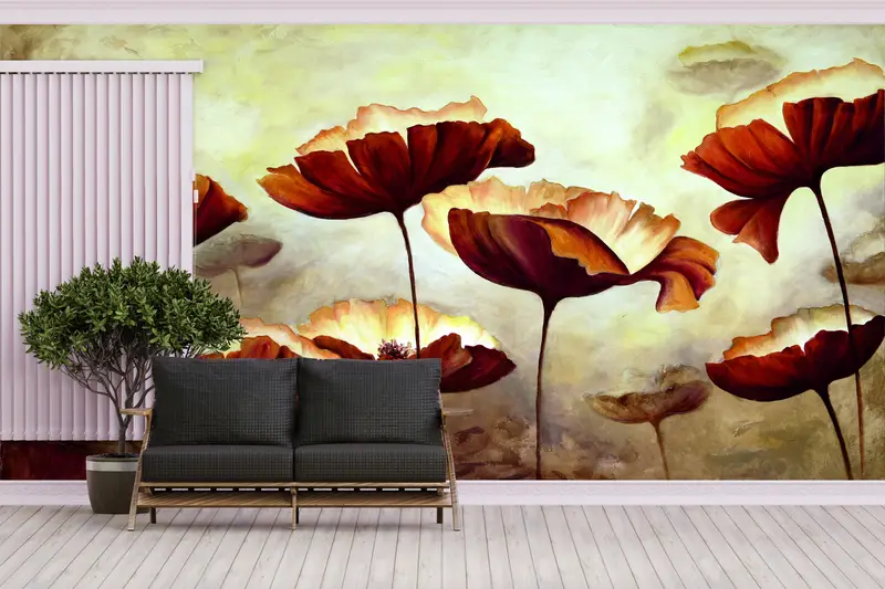 Moderne bedruckte Tapete mit abstrakten Blumen: Trendige Inneneinrichtung