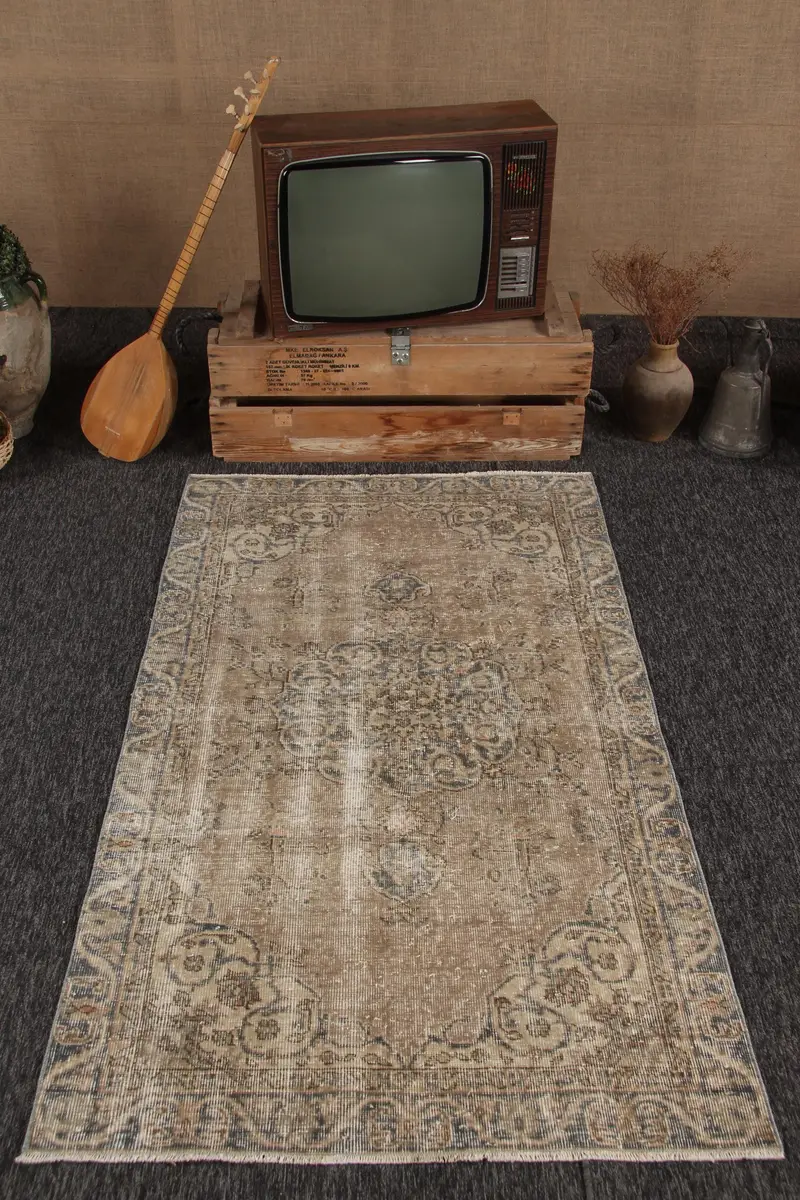 Türkischer 3,6x6,2 ft Akzentteppich, Vintage Teppich, Oushak braun gestreifter Teppich - 1