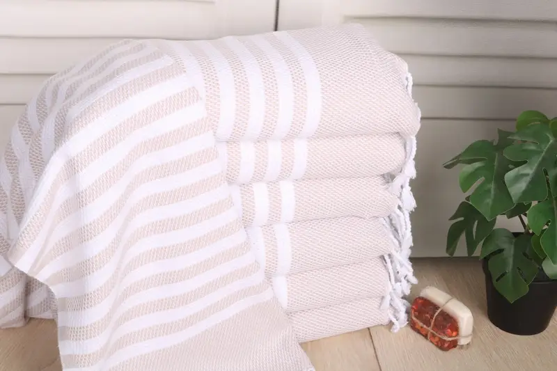 24x44 Beige Cotton Dish Towel, Striped Tea Towel, Organic Turkish Cotton
