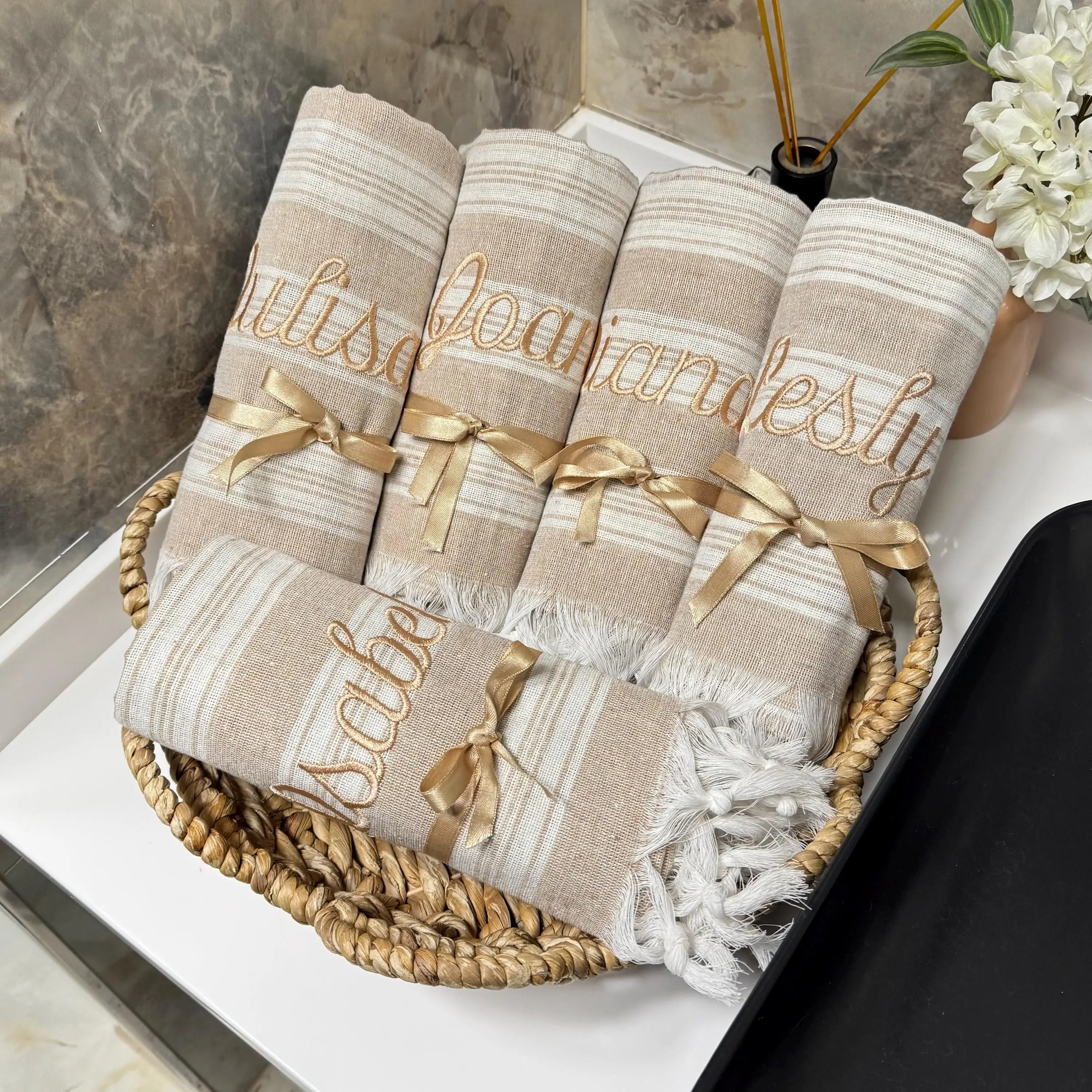 Personalized Turkish Cotton Beach Towel Embroidered Monogram, White, 37x65 Inches - 1