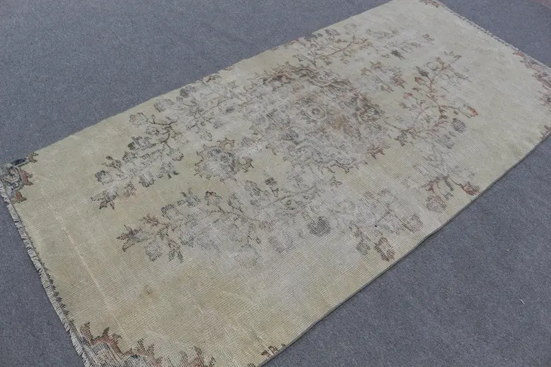 Vintage Turkish Area Rug 3.6x7.6 ft (111x232 cm), Gray Oushak Rug - 1