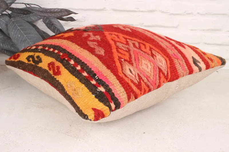 Ethnical Kilim Rug Pillow, 16x16 Red Cushion Cover, Retro Throw Cushion, Home Decor Pillow, Tapestry Pillow Cover, Pillow Sham, Boho Pillow - 6