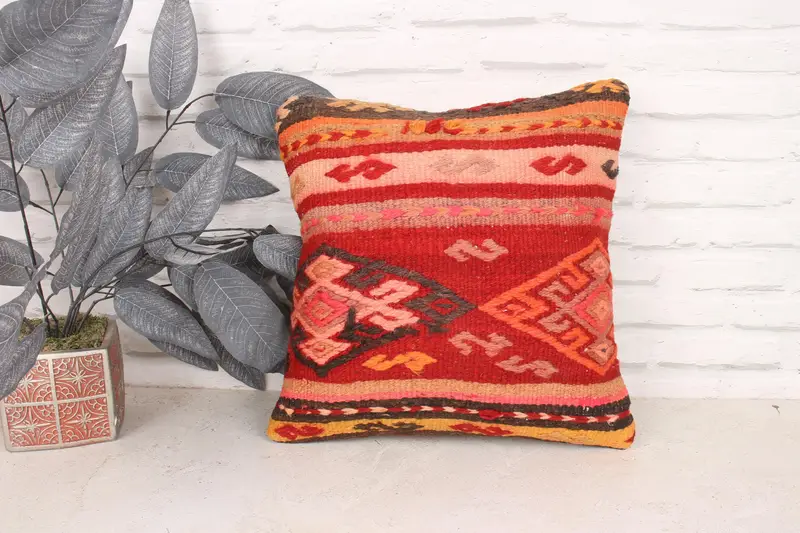 Ethnical Kilim Rug Pillow, 16x16 Red Cushion Cover, Retro Throw Cushion, Home Decor Pillow, Tapestry Pillow Cover, Pillow Sham, Boho Pillow - 1