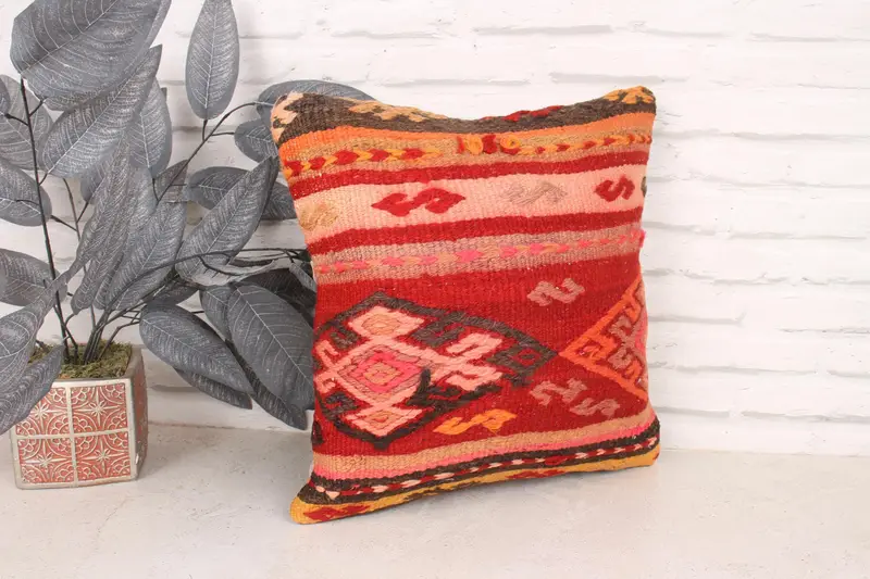 Ethnical Kilim Rug Pillow, 16x16 Red Cushion Cover, Retro Throw Cushion, Home Decor Pillow, Tapestry Pillow Cover, Pillow Sham, Boho Pillow - 3