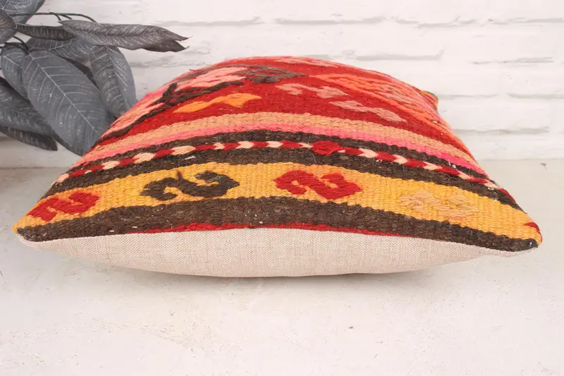 Ethnical Kilim Rug Pillow, 16x16 Red Cushion Cover, Retro Throw Cushion, Home Decor Pillow, Tapestry Pillow Cover, Pillow Sham, Boho Pillow - 5