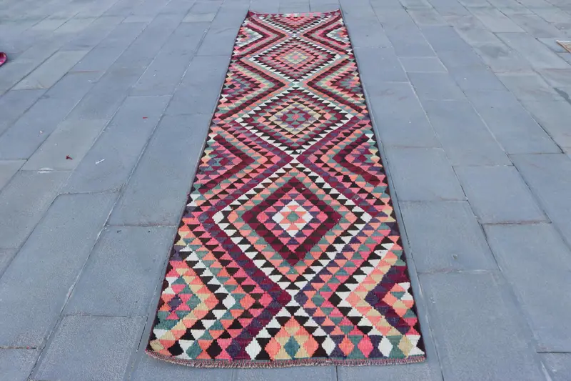 2.8x12.3 ft Turkish Rug, Vintage Runner Rug, Red Green Rug - 1