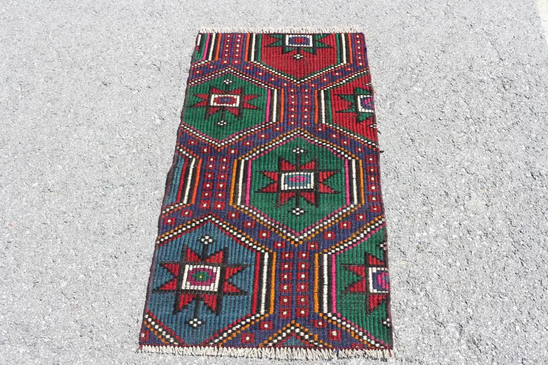 2.1x3.7 ft Kilim Rug, Turkish Vintage Rug, Red Blue Patchwork Rug - 1