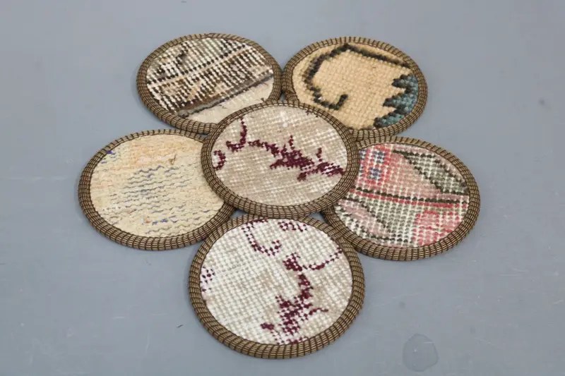 Non-Slip Beige and White Coaster Set, Woven Kilim Coasters