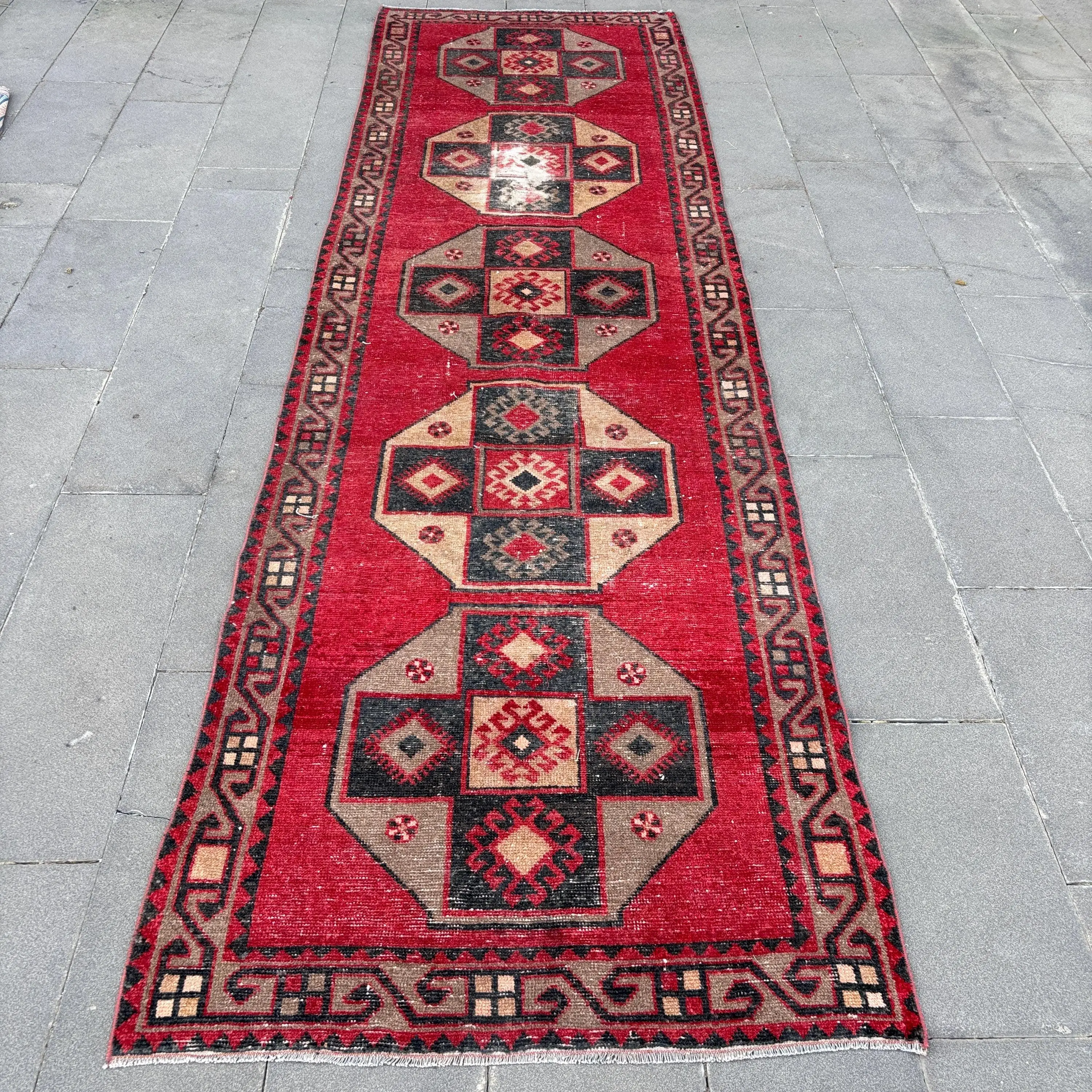 Turkish Runner Rug 3.8x12.7 ft, Red Animal Print Vintage Wool Rug - 1