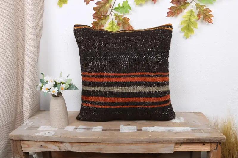 Cushion, Vintage Kilim Pillow Cushion, Kilim Cushion Sham, Ethnical Kilim Rug Pillow, 18x18 Brown Pillow Sham, Vintage Kilim Throw Pillow - 1