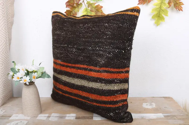 Cushion, Vintage Kilim Pillow Cushion, Kilim Cushion Sham, Ethnical Kilim Rug Pillow, 18x18 Brown Pillow Sham, Vintage Kilim Throw Pillow - 4
