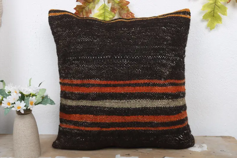 Cushion, Vintage Kilim Pillow Cushion, Kilim Cushion Sham, Ethnical Kilim Rug Pillow, 18x18 Brown Pillow Sham, Vintage Kilim Throw Pillow - 2