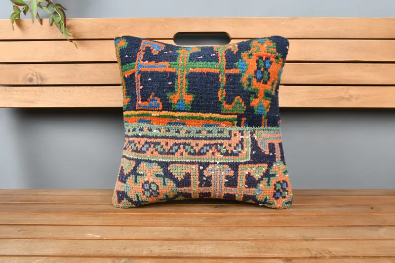 16x16 Blue Cushion, Chair Cushion Cover, Throw Kilim Pillow, Turkish Kilim Pillow, Turkish Corner Cushion Case, Vintage Pillow, Cushion - 6