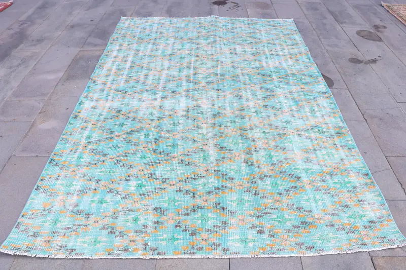 Alfombra turca vintage, alfombra grande de 5,7x8,3 pies (175x252 cm), alfombra de lana a cuadros azules - 1