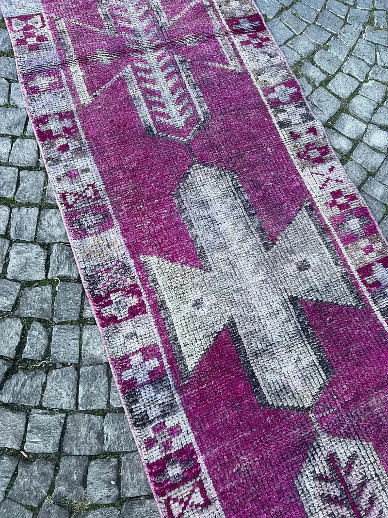 Alfombra Oriental Púrpura, 2,1x11 ft Elegante Acento Beige