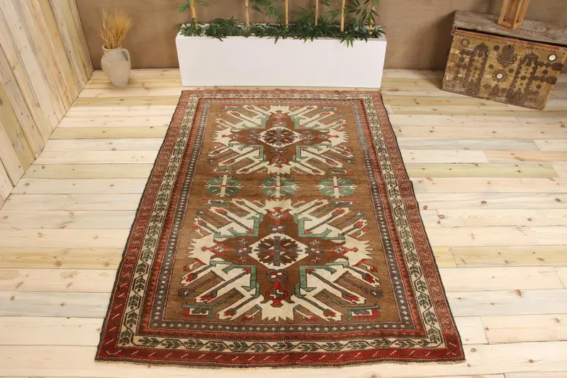 Handmade 4,3x7,5 ft Rug, Brown & Green Plant Pattern