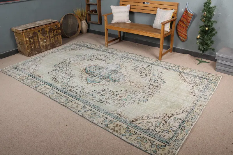 Türk Oushak Büyük Halı 5.9x9.7 ft (180x297 cm), Vintage Mavi Çiçekli Yün Halı - 1