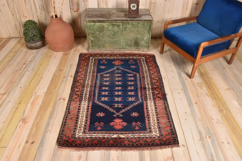 Alfombra azul y naranja, diseño con bordes de 3,5 x 5 pies