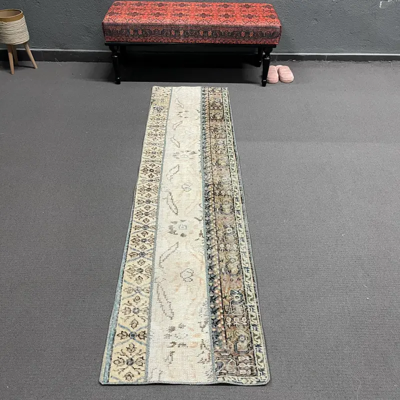 Turkish Vintage Rug, 1.8x7.3 ft Runner Rug, White Blue Solid Wool Rug - 1