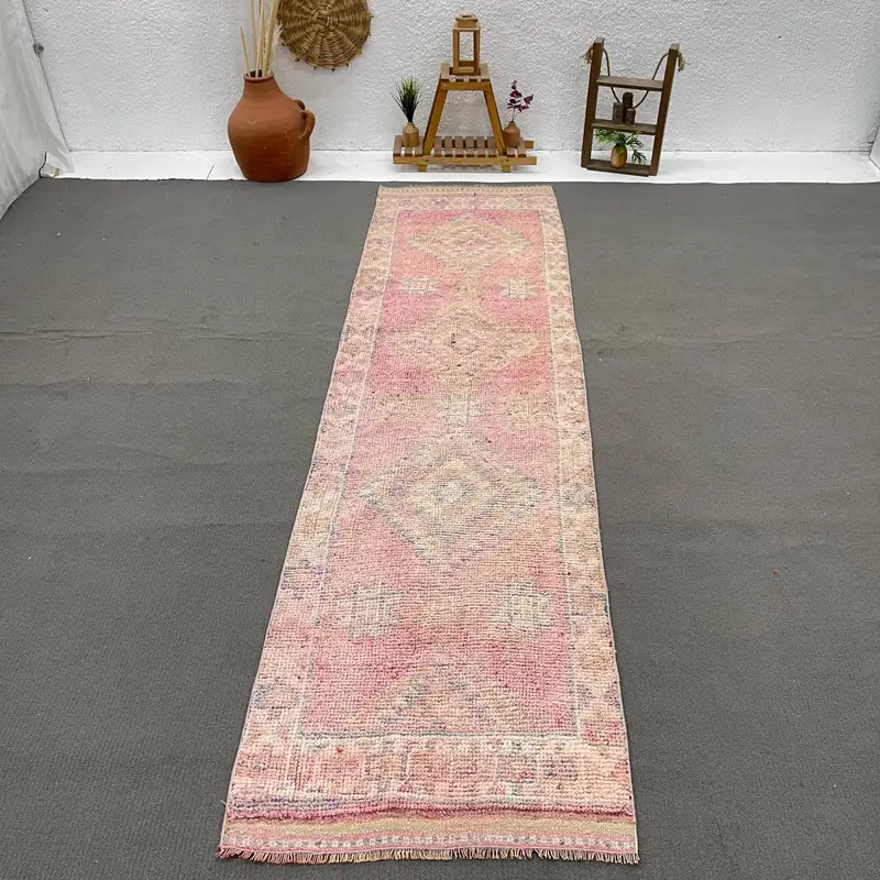 3x11,5 ft türkischer Teppich, Vintage Läuferteppich, rosa blauer Blumenteppich - 1