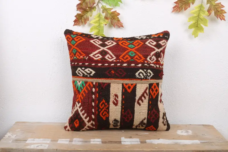 Rot & Orange Patchwork Kissen, handgemachtes besticktes Leinenkissen