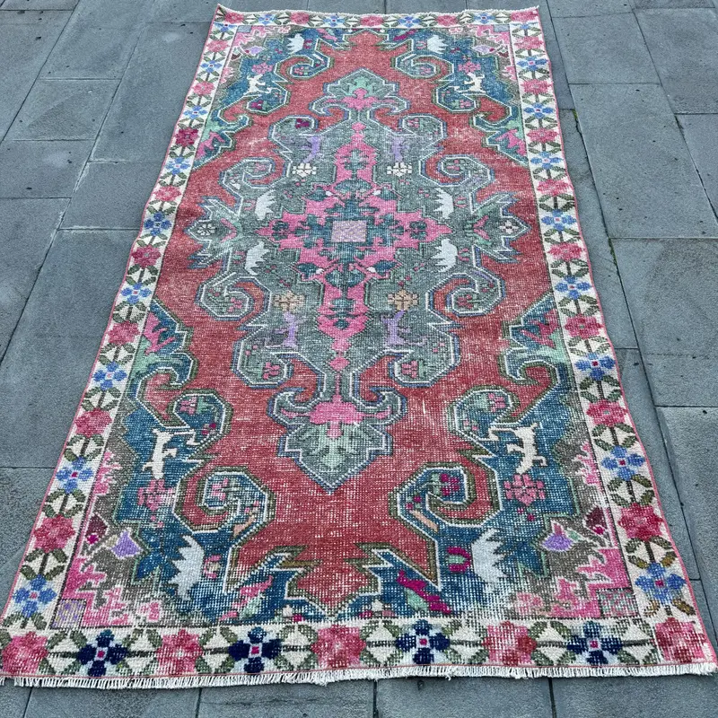 Pink and Blue Rug, 3,9x7,4 ft Bordered Design