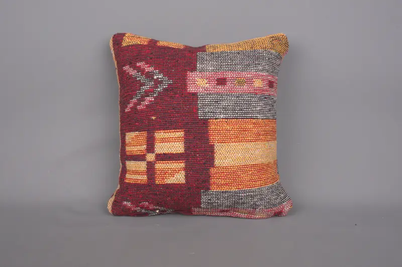 Yoga Pillow Sham, Ethnical Kilim Rug Pillow, Oriental Pillow Case, Kilim Pillow Cover, 14x14 Red Cushion, Pillow Sham, Home Decor Pillow - 4