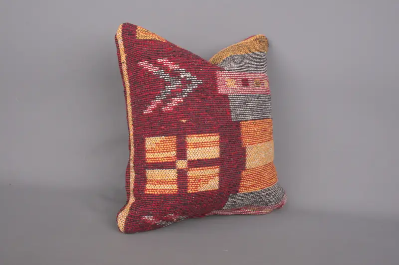 Yoga Pillow Sham, Ethnical Kilim Rug Pillow, Oriental Pillow Case, Kilim Pillow Cover, 14x14 Red Cushion, Pillow Sham, Home Decor Pillow - 2