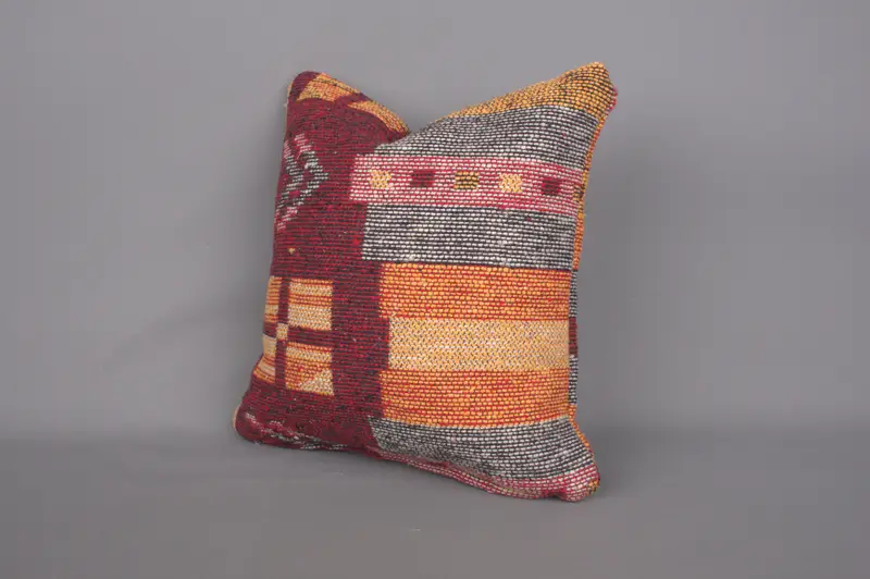 Yoga Pillow Sham, Ethnical Kilim Rug Pillow, Oriental Pillow Case, Kilim Pillow Cover, 14x14 Red Cushion, Pillow Sham, Home Decor Pillow - 3