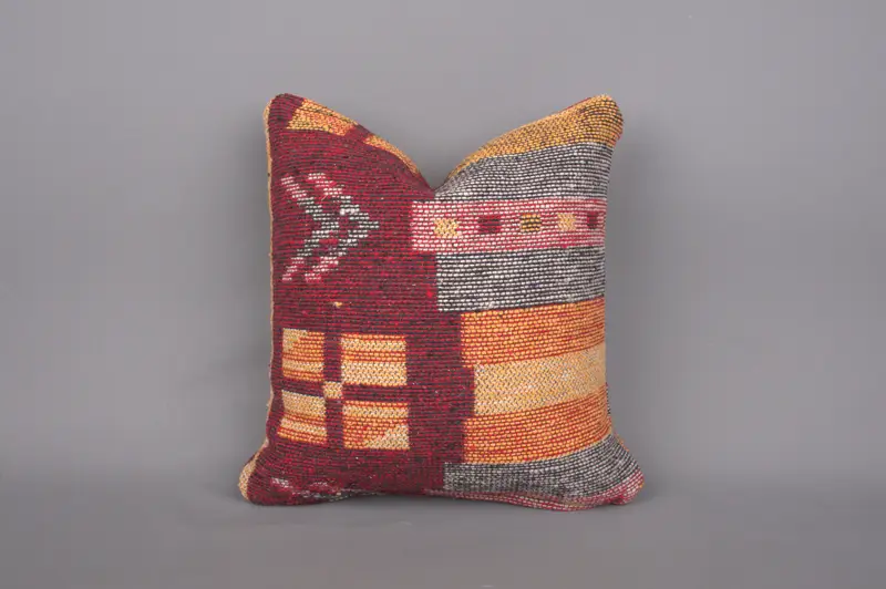 Yoga Pillow Sham, Ethnical Kilim Rug Pillow, Oriental Pillow Case, Kilim Pillow Cover, 14x14 Red Cushion, Pillow Sham, Home Decor Pillow - 1