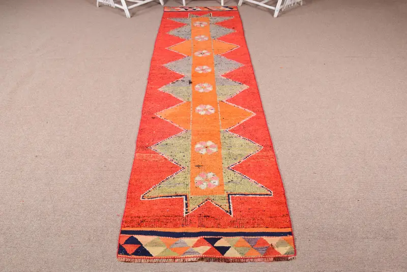 2,9x11,4 ft Läufer Türkischer Teppich, Vintage Teppich, Rot Blau Pflanzen & Bäume Wollteppich - 1