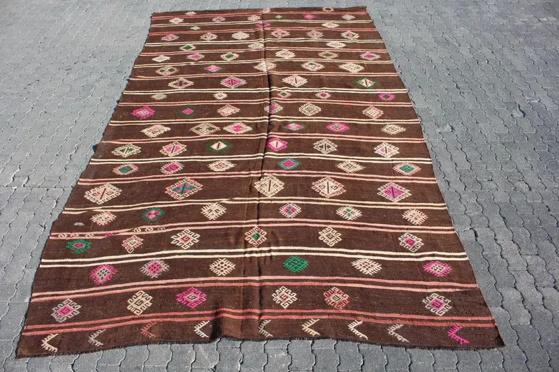 7.7x12.9 ft Kilim Rug, Vintage Turkish Rug, Brown Pink Rug - 1