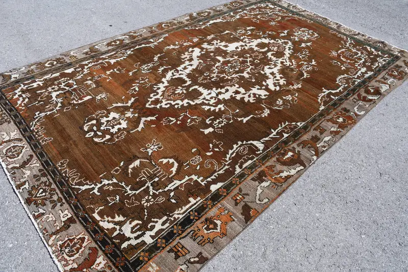 Alfombra vintage Oushak, alfombra turca de 6,6x10,5 pies, alfombra de lana de camuflaje marrón - 1