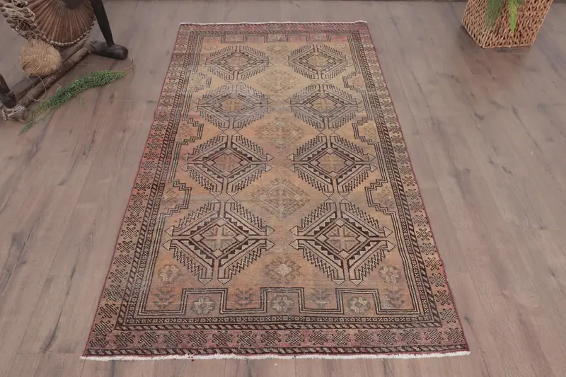Türkischer Teppich, Akzent 3,5x6,46 ft Vintage Teppich, braun roter Ikat Wollteppich - 1