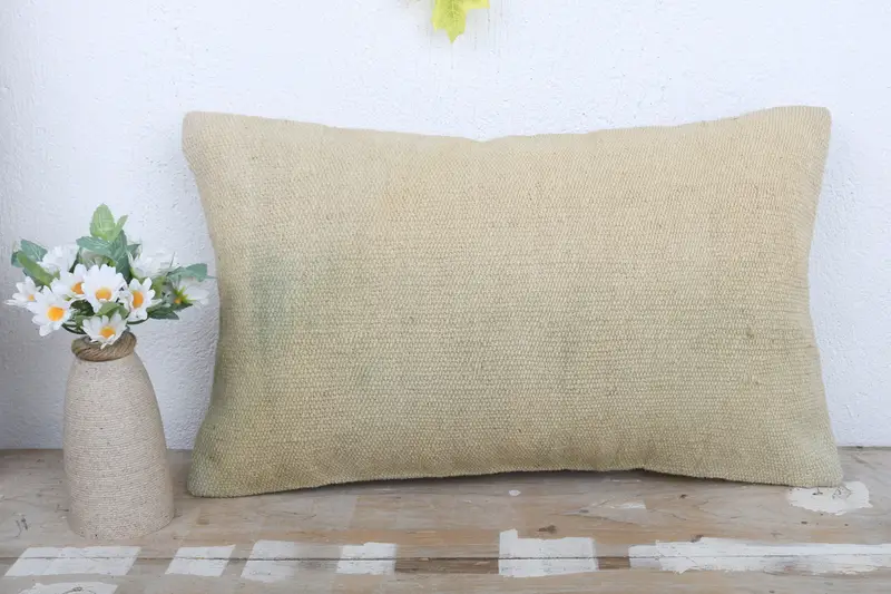 Gift Pillow, Interior Designer Pillow, Office Chair Pillow Cover, Cushion Cover, Turkish Kilim Pillow, 12x20 Beige Pillow Sham - 2