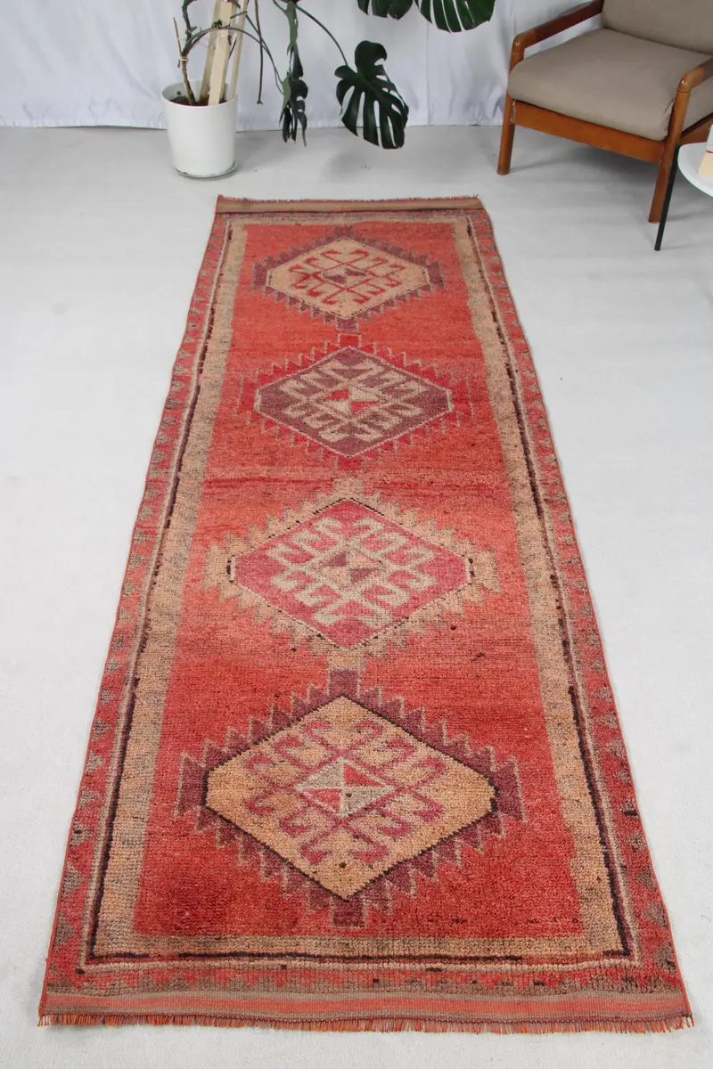 3,37 x 9,8 ft Teppich, türkischer Läuferteppich, roter Herki-Paisley-Teppich - 1