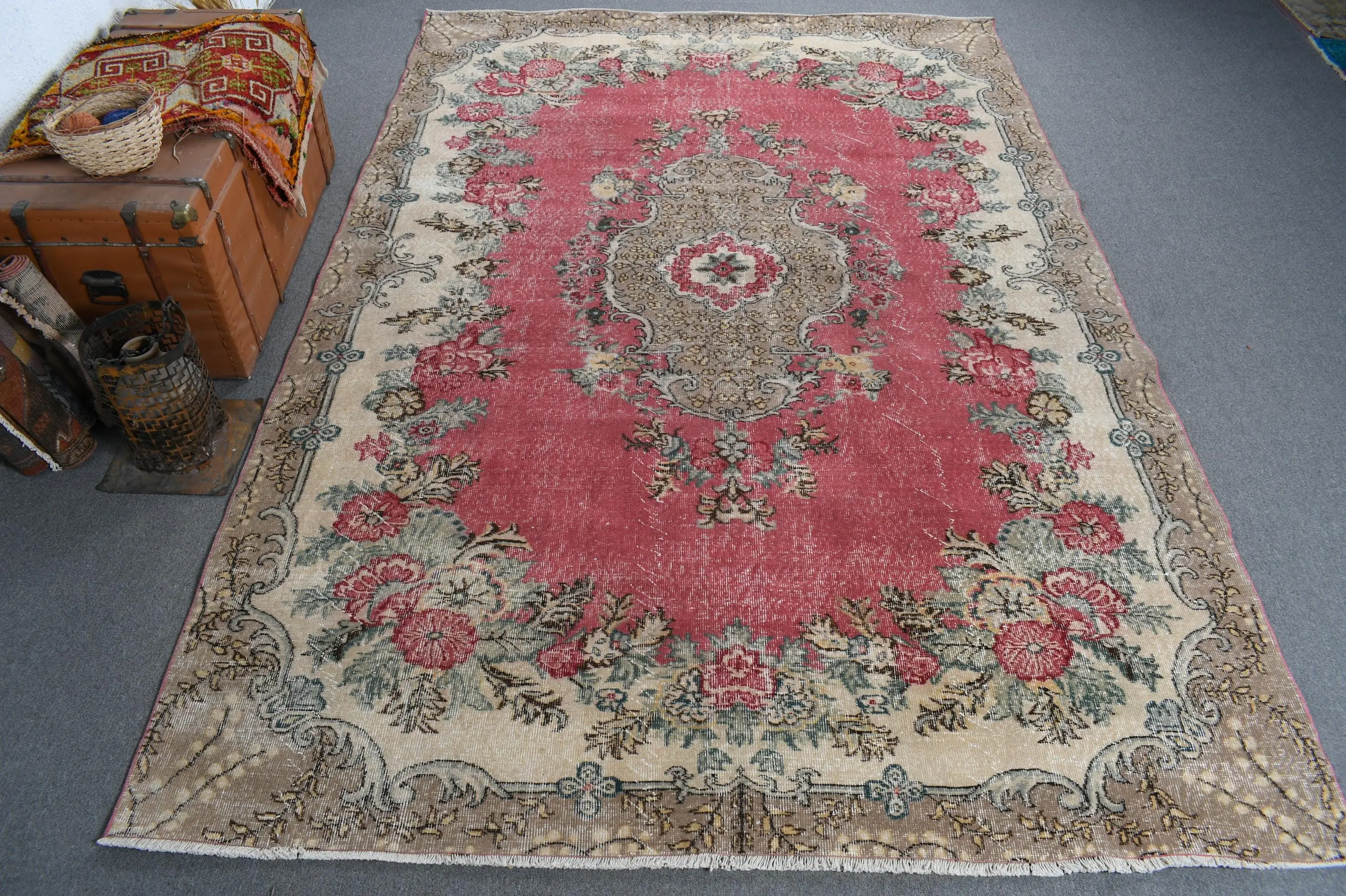 Vintage Turkish Oversize Rug 7x10.2 ft, Red Wool Rug - 1