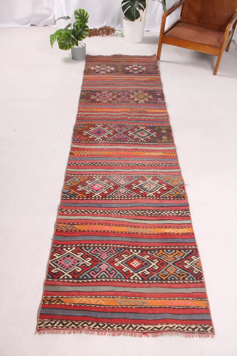 Red Moroccan Rug, 2.5x9.2 ft with Purple Accents