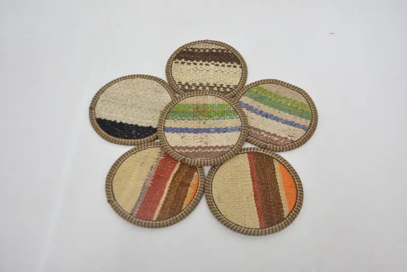 Kırmızı ve Bej Çizgili Kilim Bardak Altlığı, Etnik Dokuma Bardak Altlığı