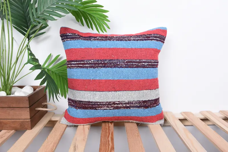 Farmhouse Cushion Case, Pillow, 16x16 Red Cushion, Vintage Pillow, Kilim Cushion Sham, Natural Cushion Case, Kilim Pillow Cover - 1