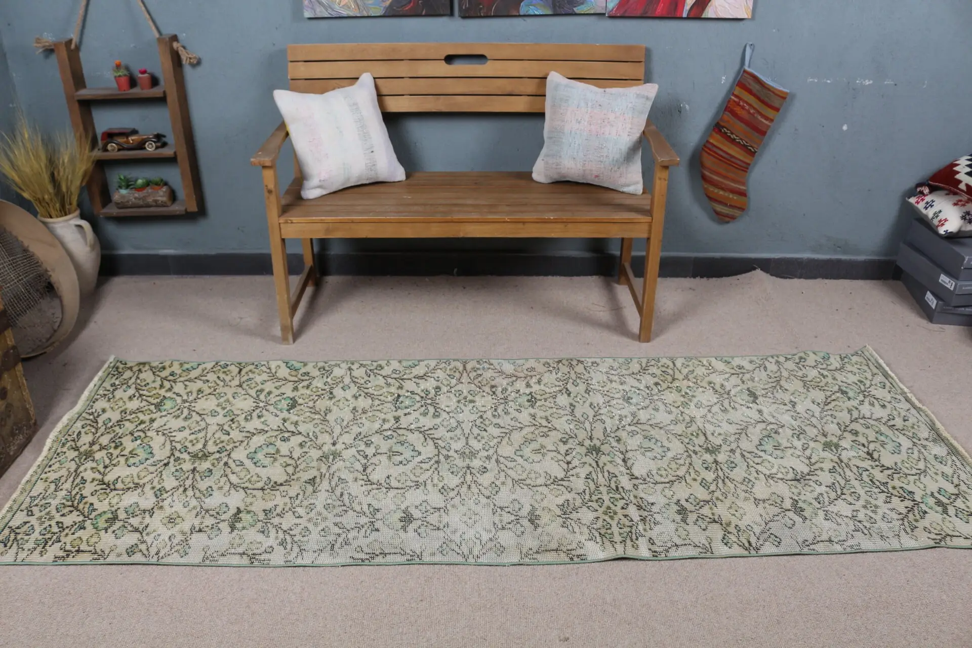 3x8,2 ft Läufer Türkischer Vintage Teppich, grüner marokkanischer Wollteppich - 1