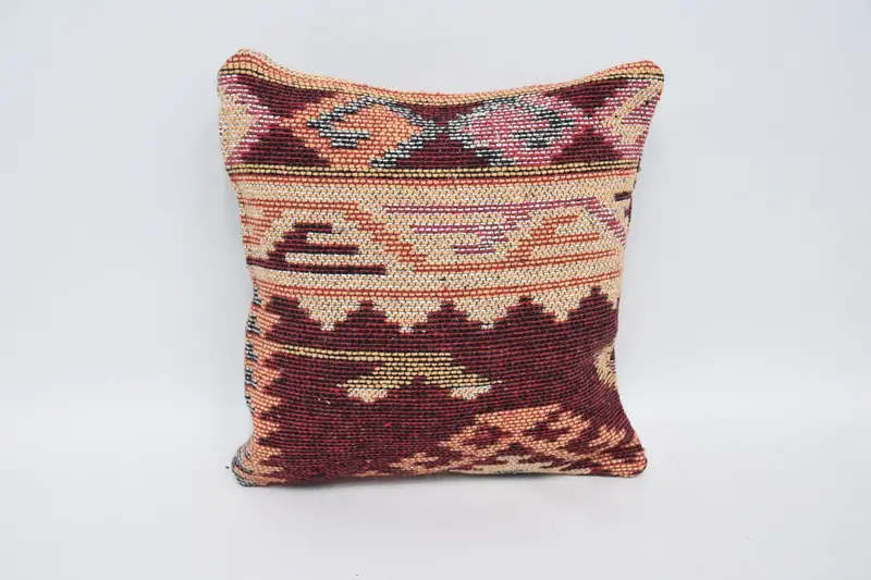 Handmade Kilim Cushion, Bolster Pillow, Boho Pillow, Vintage Kilim Pillow, 12x12 Red Pillow Sham, Cushion Cover, Handwoven Cushion Cover - 1