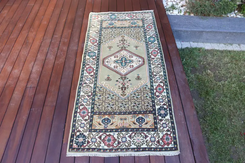 Vintage türkischer Teppich 2,4x5,2 ft (72x160 cm), Oushak Blau Rot Südwestteppich - 1