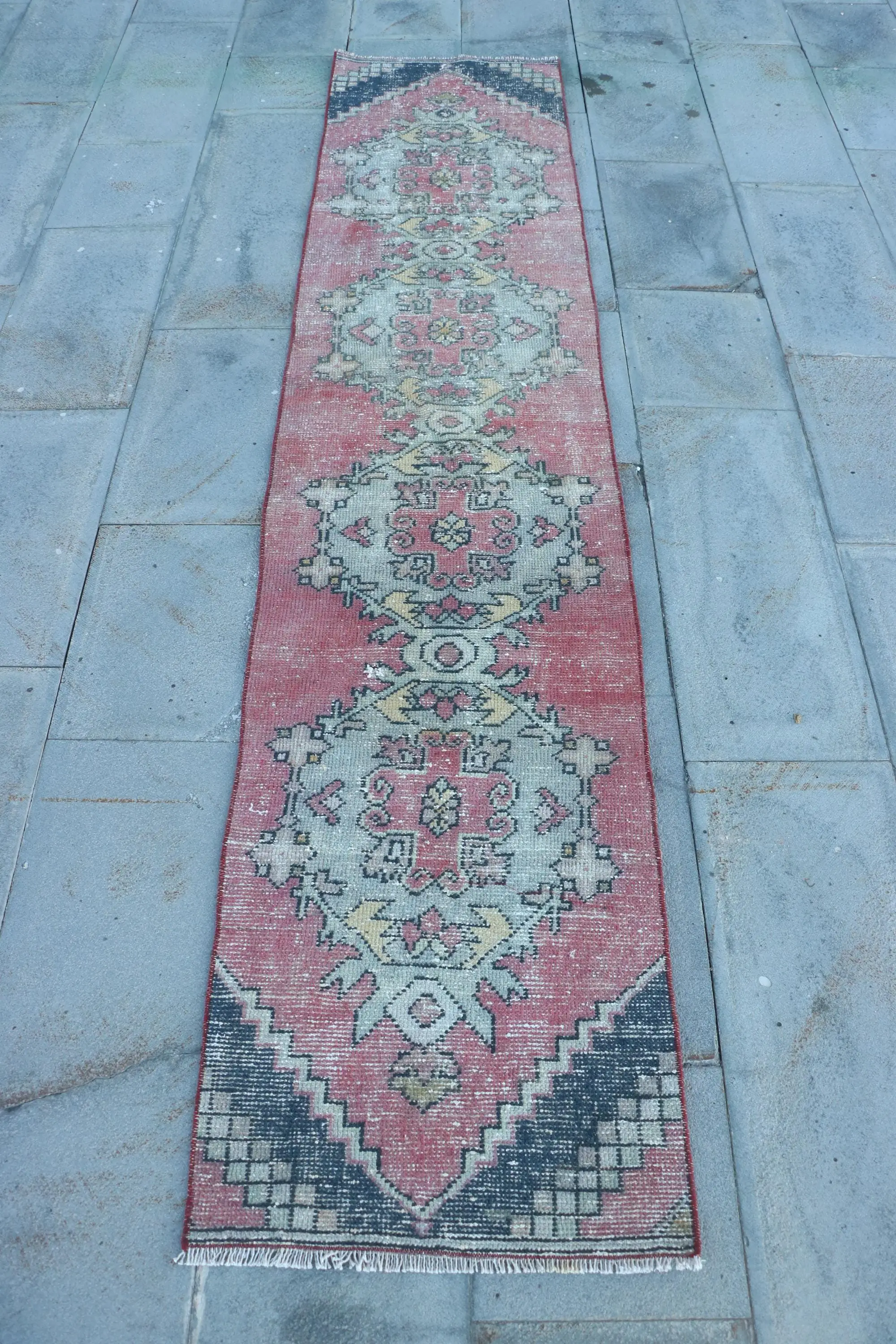 Turkish Vintage Runner Rug 1.9x8.8 ft, Red Blue Striped Wool Rug - 1